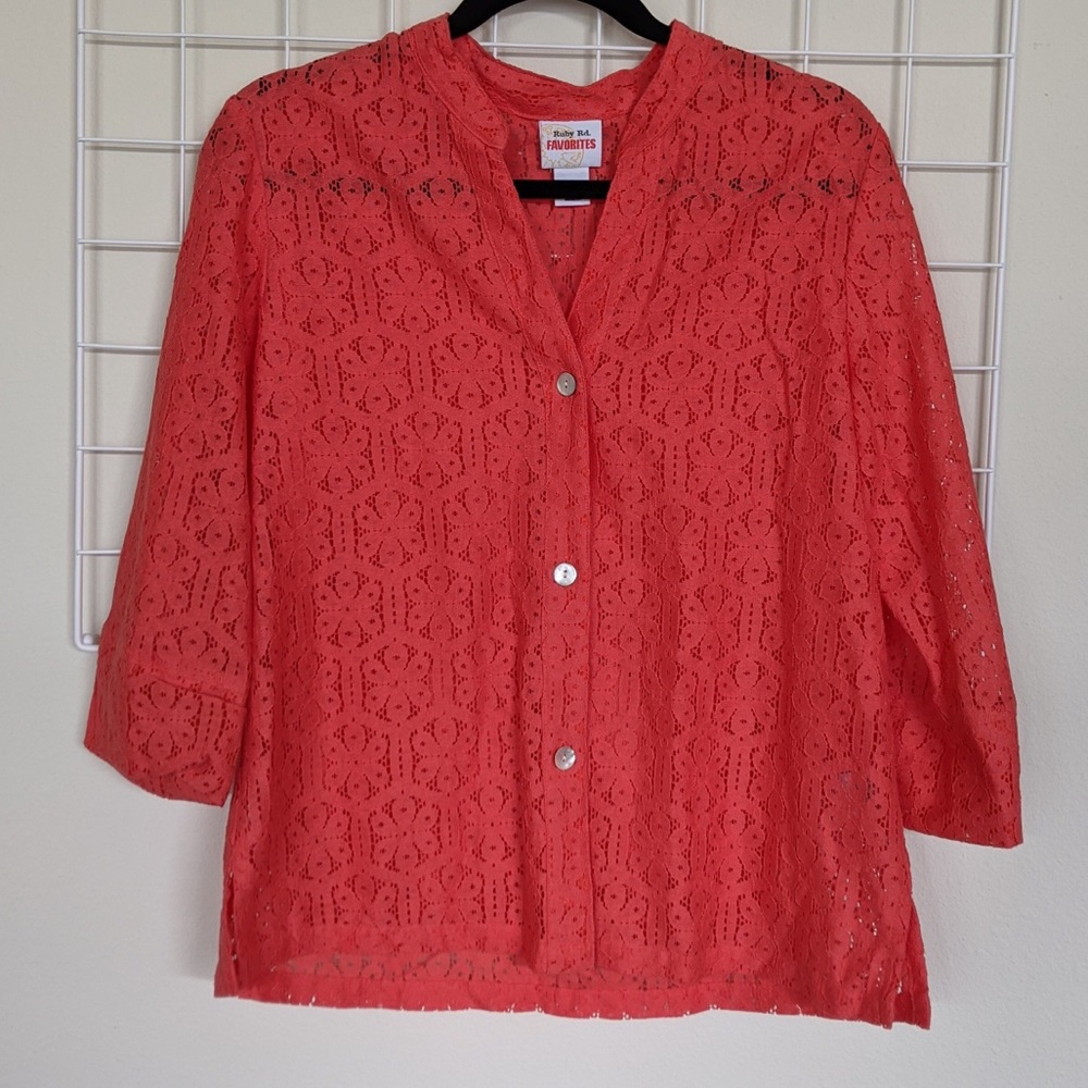 Ruby Rd Favorites Red Lace Button-Up Blouse - image 2